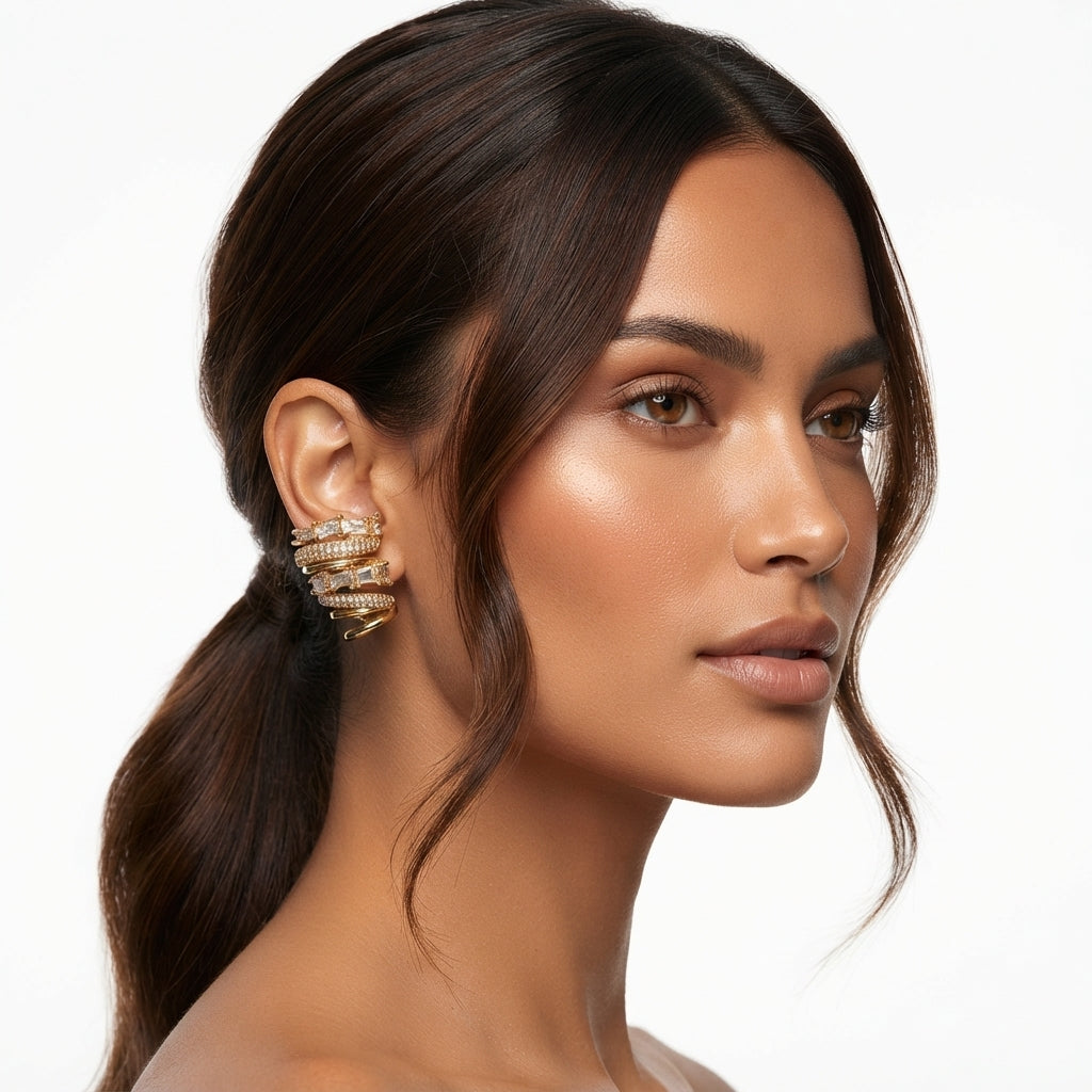 The Spiral Ear Cuff, gold crystal spiral ear cuff, worn on model three-quarter view | THE ARCIVE