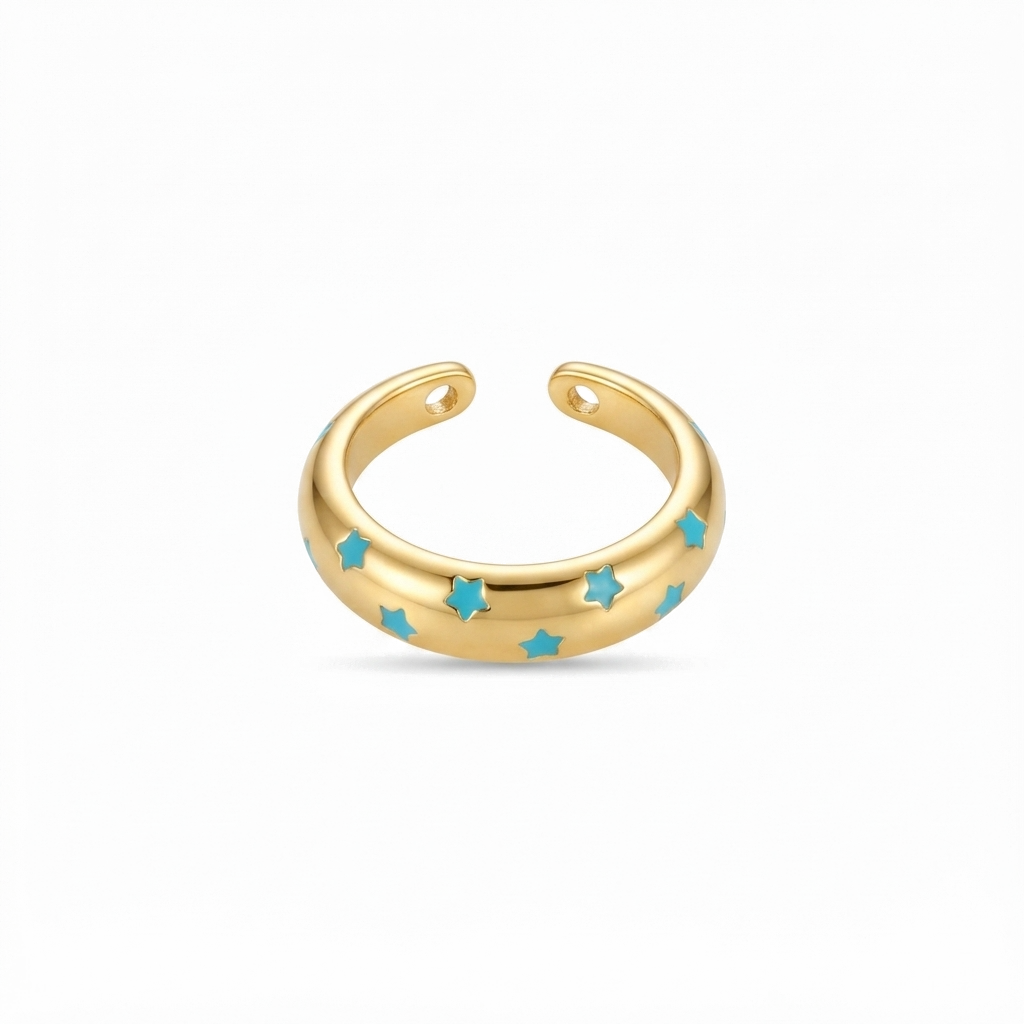 The Starlit Ring, gold-tone open band with turquoise enamel stars, product view | THE ARCIVE