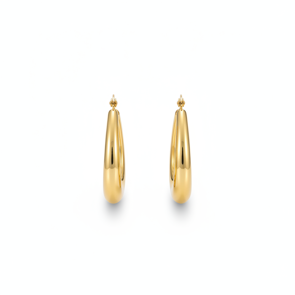 The Swan Hoops, elongated gold oval hoop earrings, flat lay view | THE ARCIVE