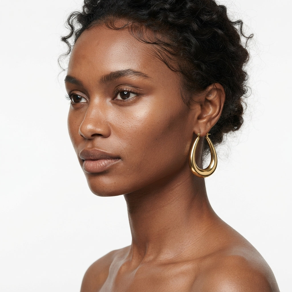 The Swan Hoops, elongated gold oval hoop earrings, worn on model three-quarter view | THE ARCIVE