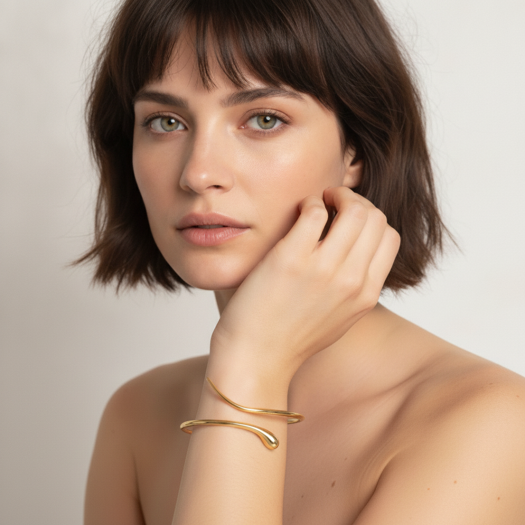 The Tendril Bangle, slim gold wrap bangle, worn on model three-quarter view | THE ARCIVE