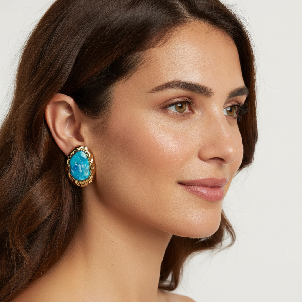 The Tidepool Studs, blue stone hammered gold earrings, worn on model three-quarter view | THE ARCIVE