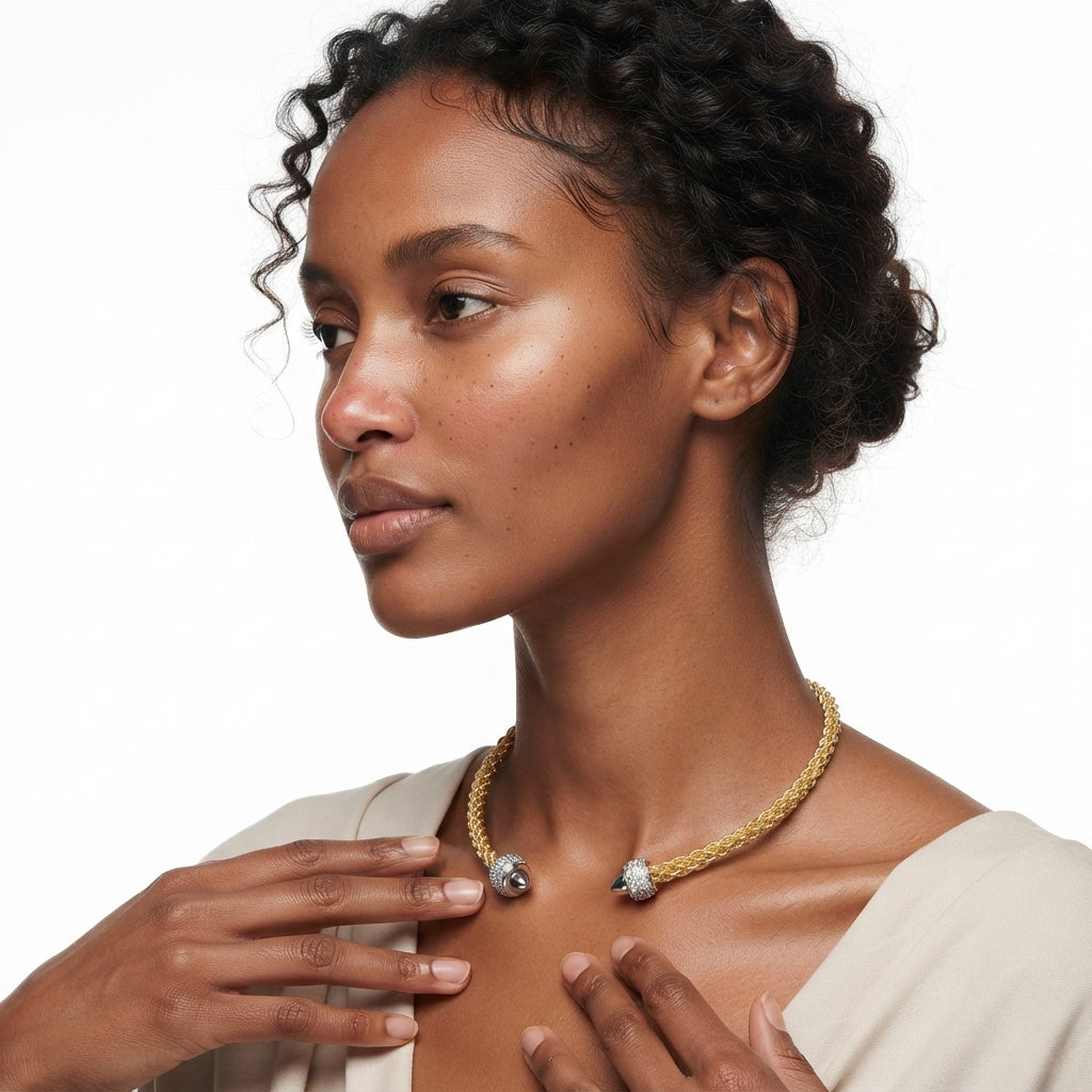The Twist Collar, two-tone twisted collar necklace, worn on model three-quarter view | THE ARCIVE