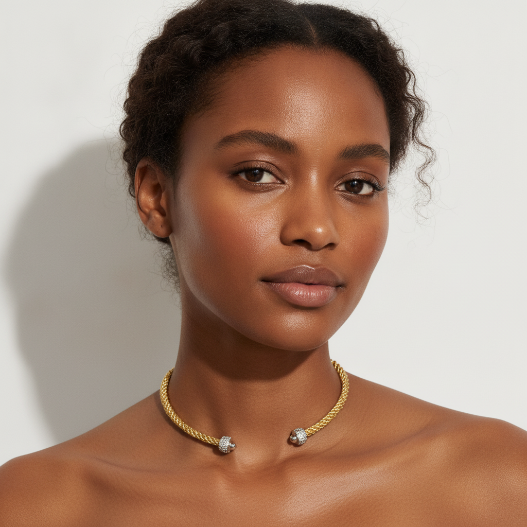 The Twist Collar, two-tone twisted collar necklace, worn on model | THE ARCIVE