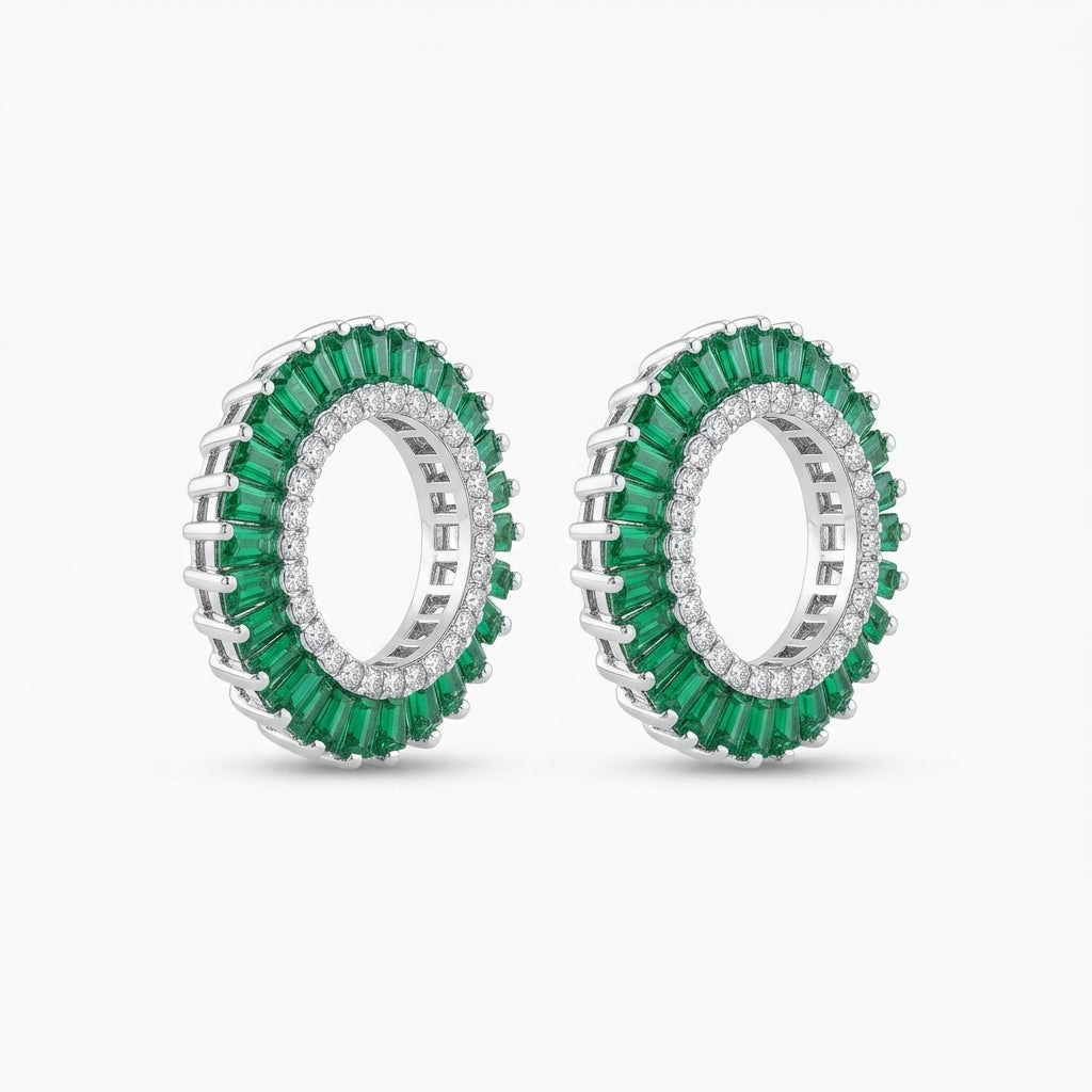 The Verdant Studs, emerald green baguette circle earrings, angled view | THE ARCIVE