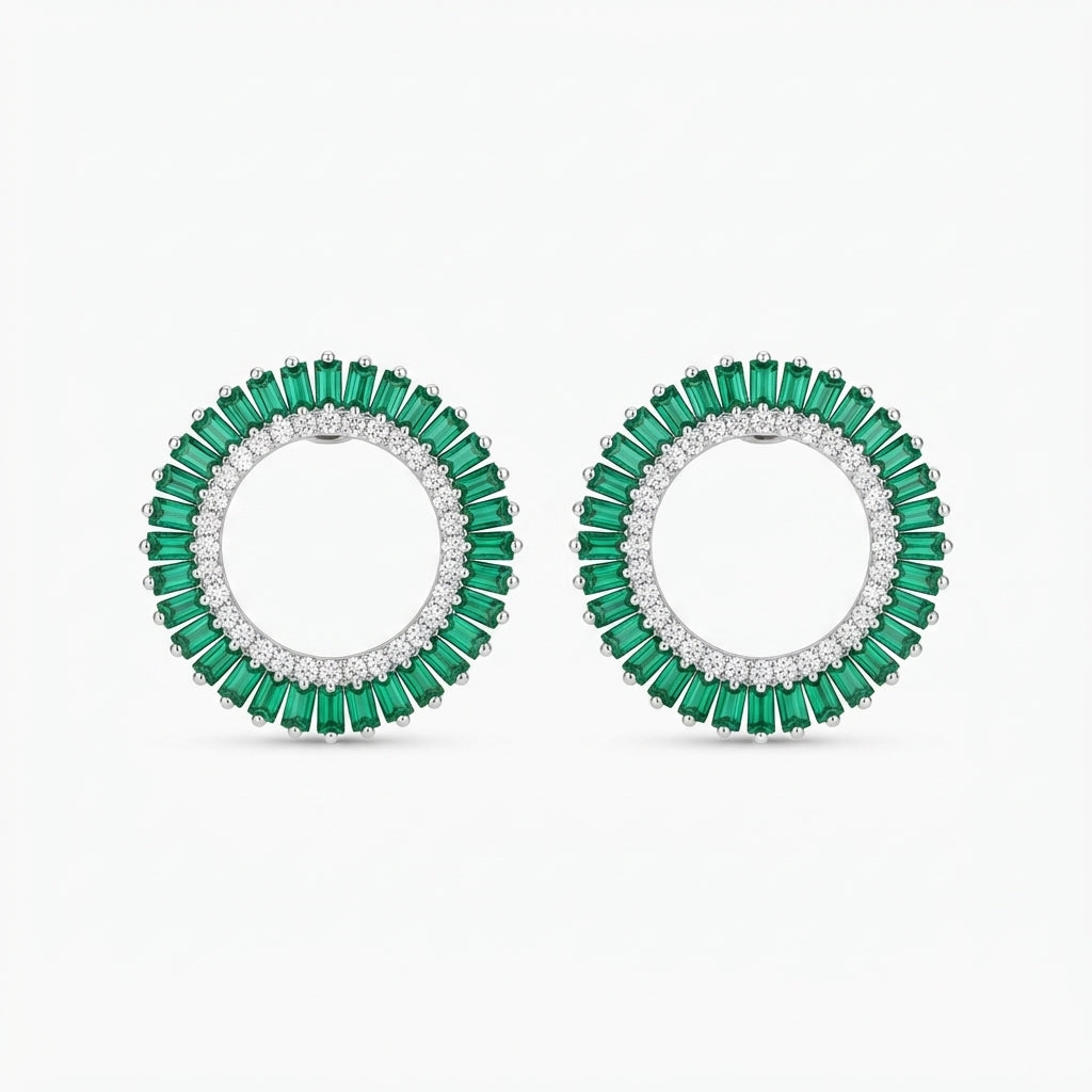 The Verdant Studs, emerald green baguette circle earrings, flat lay view | THE ARCIVE