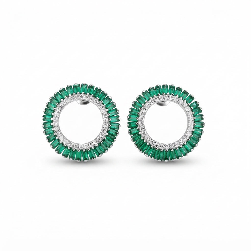 The Verdant Studs, emerald green baguette circle earrings, product view | THE ARCIVE