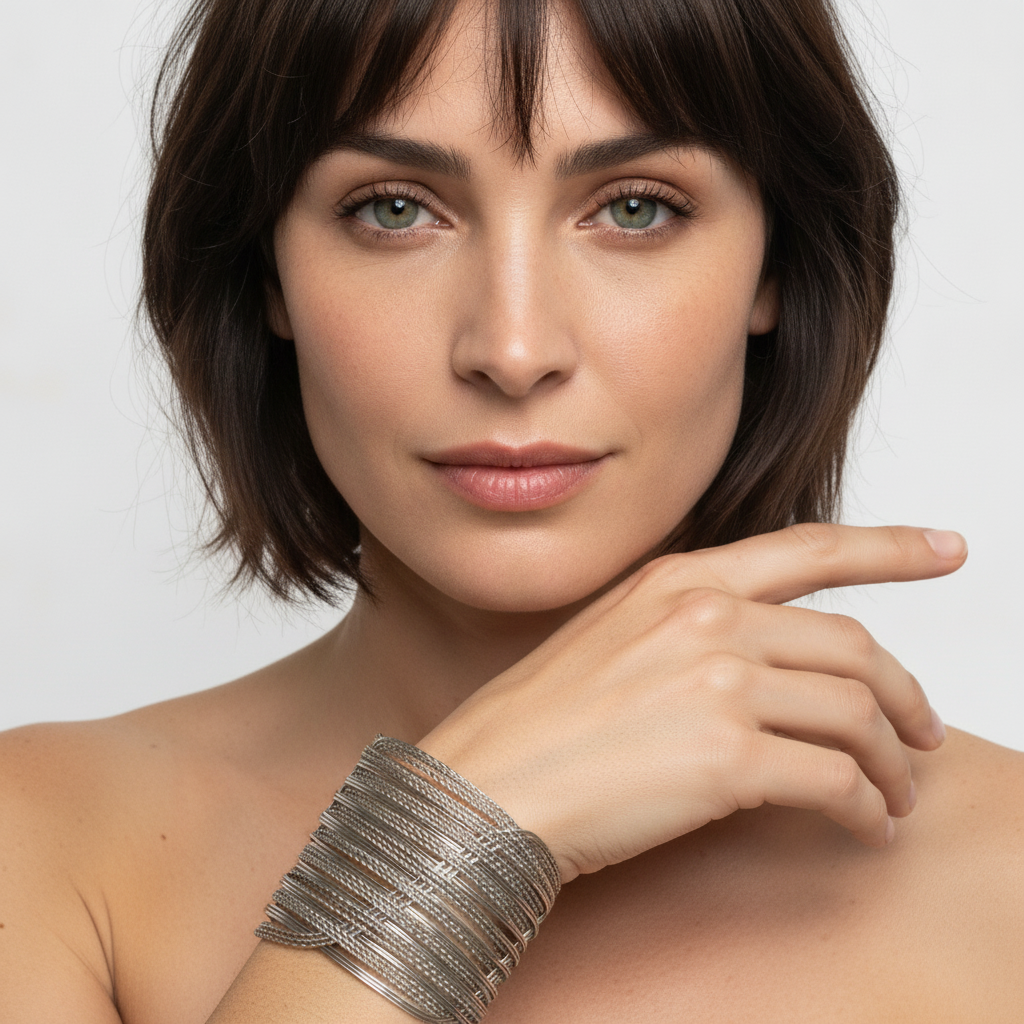 The Waterfall Cuff, wide silver wire cuff, worn on model | THE ARCIVE