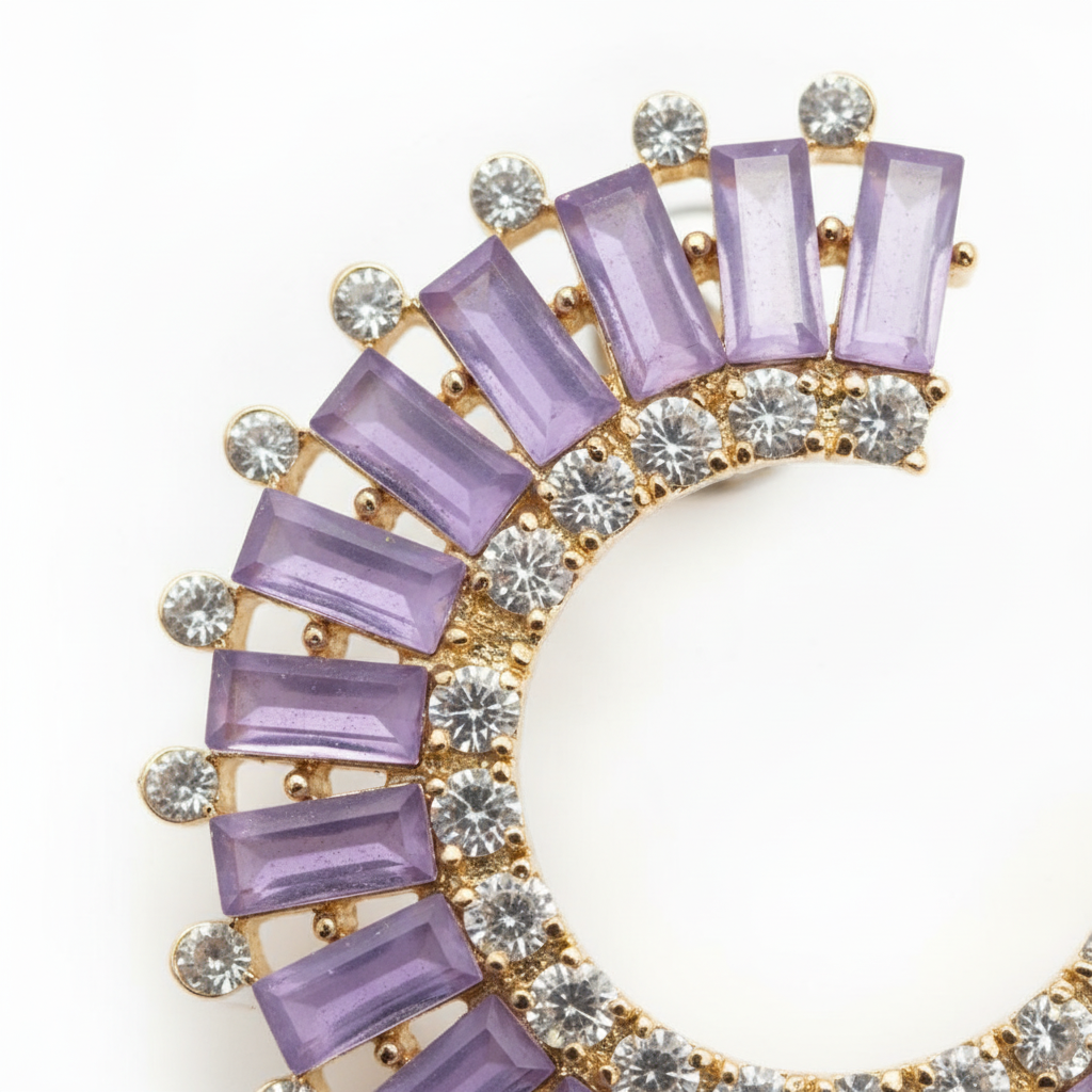 The Wisteria Studs, lilac baguette crescent earrings, close-up detail | THE ARCIVE