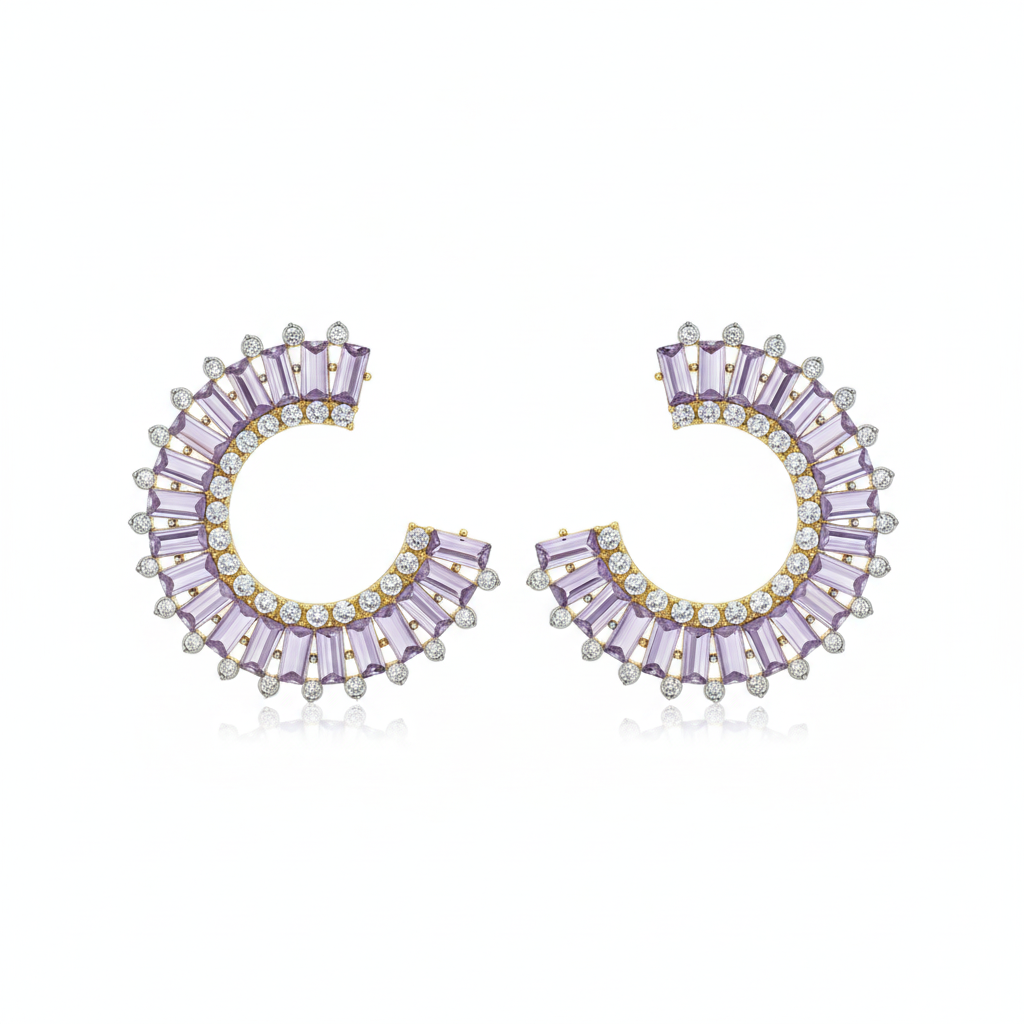 The Wisteria Studs, lilac baguette crescent earrings, product view | THE ARCIVE