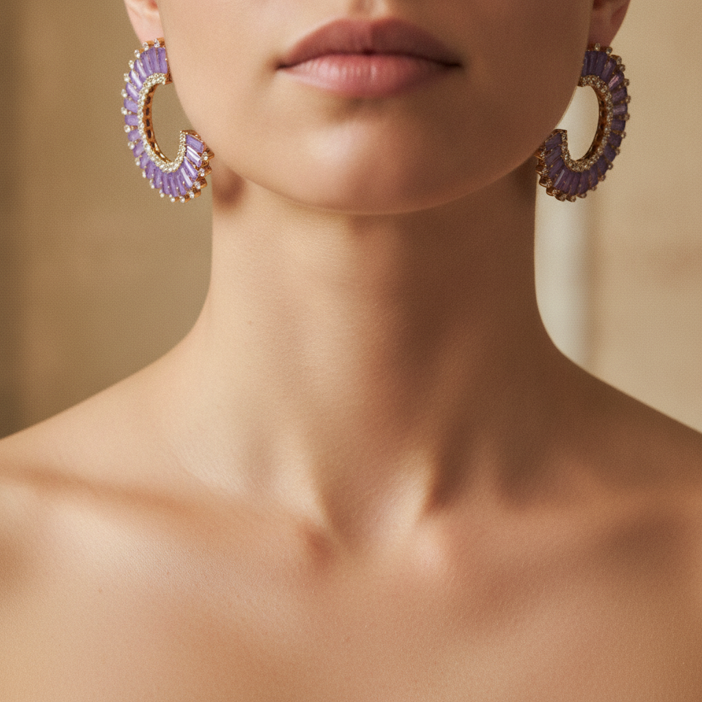 The Wisteria Studs, lilac baguette crescent earrings, worn on model | THE ARCIVE