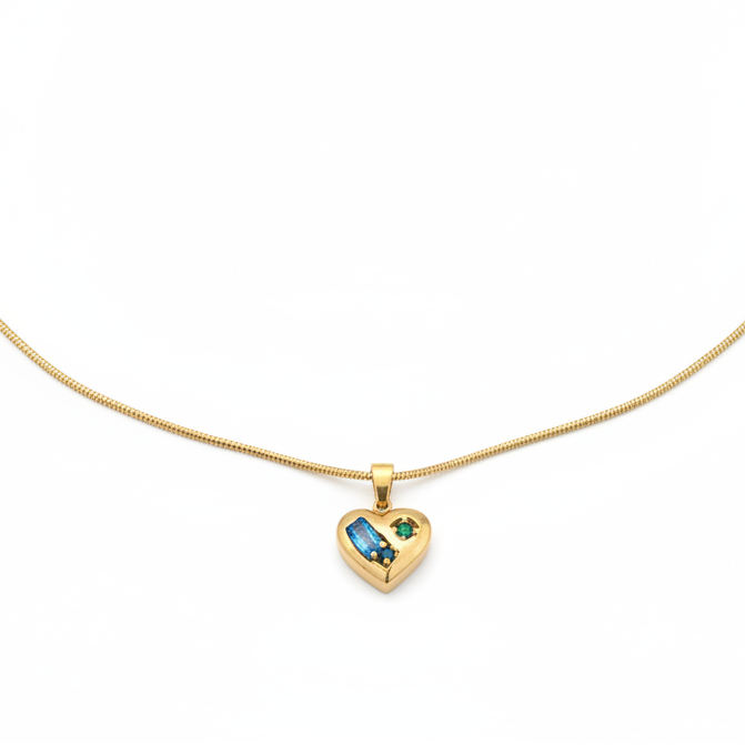 Trésor Pendant - heart pendant necklace with blue and green crystals front view | THE ARCIVE