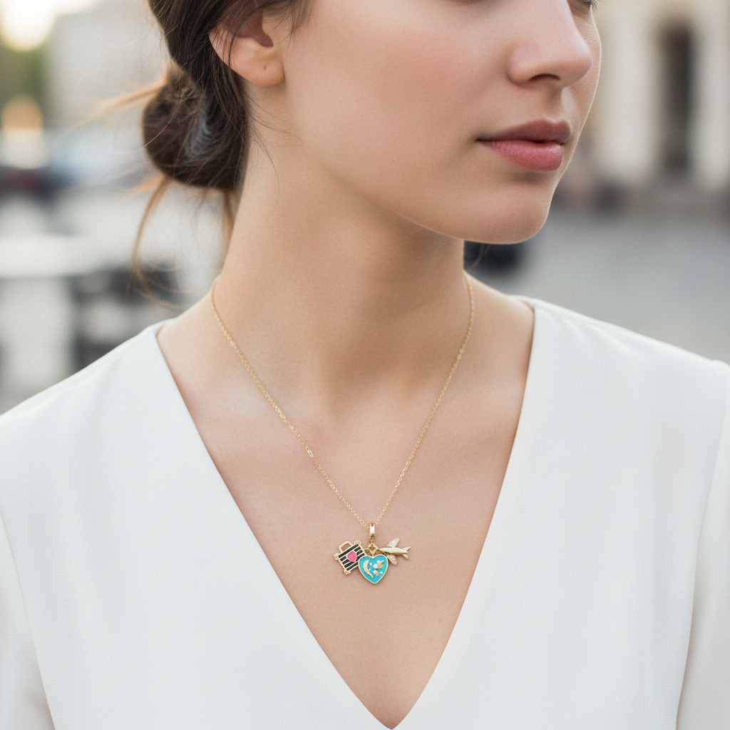 Voyage Pendant - enamel travel charm necklace worn on model | THE ARCIVE