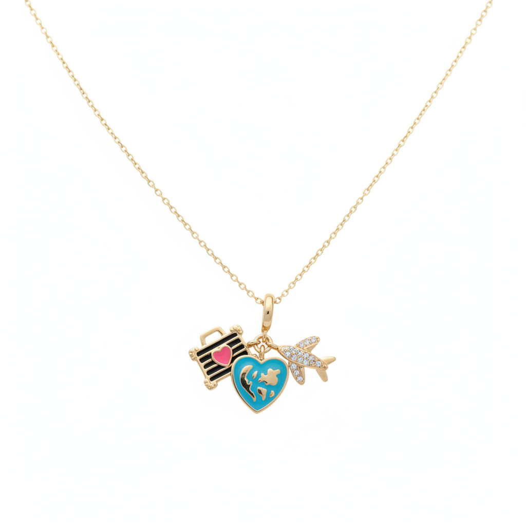 Voyage Pendant - travel charm necklace with suitcase globe heart and airplane charms | THE ARCIVE