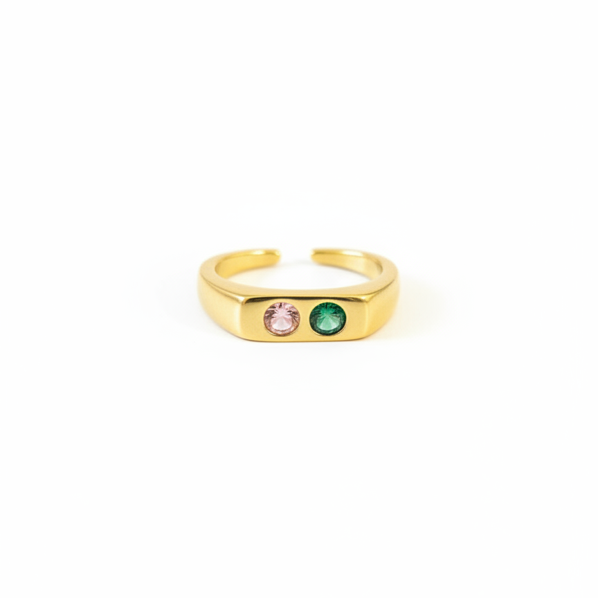 Duo Gem Adjustable Ring — adjustable gold ring with pink and green gems | THE ARCIVE