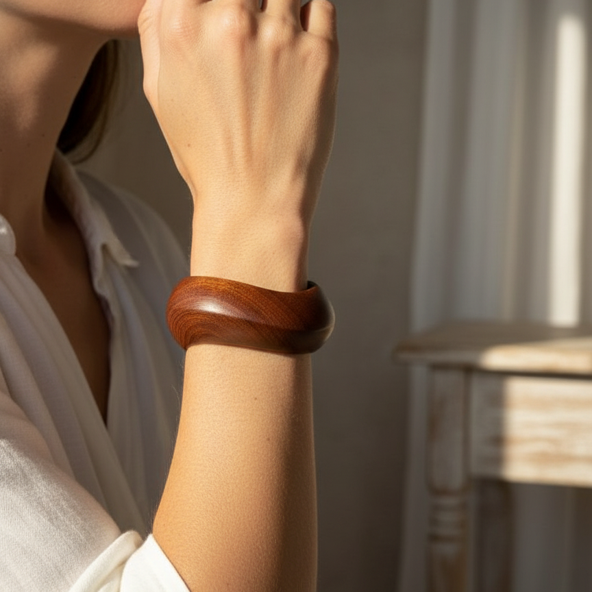 Natural Wood Round Bangle — wood cuff bracelet on wrist | THE ARCIVE