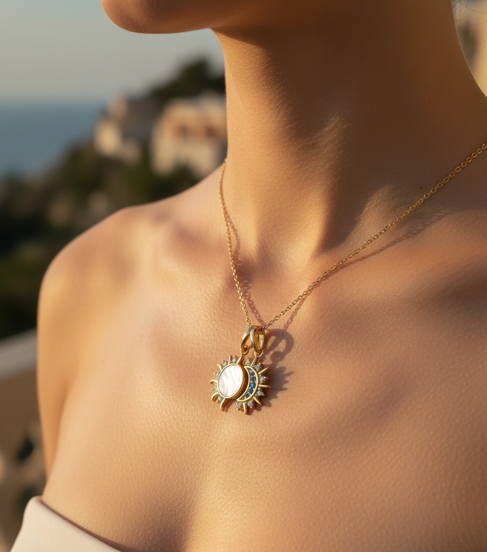Solune Pendant Necklace — sun moon charm necklace angle | THE ARCIVE