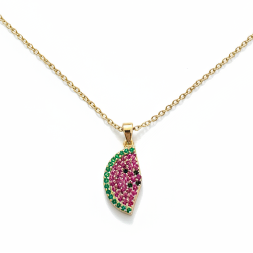 Sorbet Pendant, pink and green zircon watermelon pendant, front view | THE ARCIVE